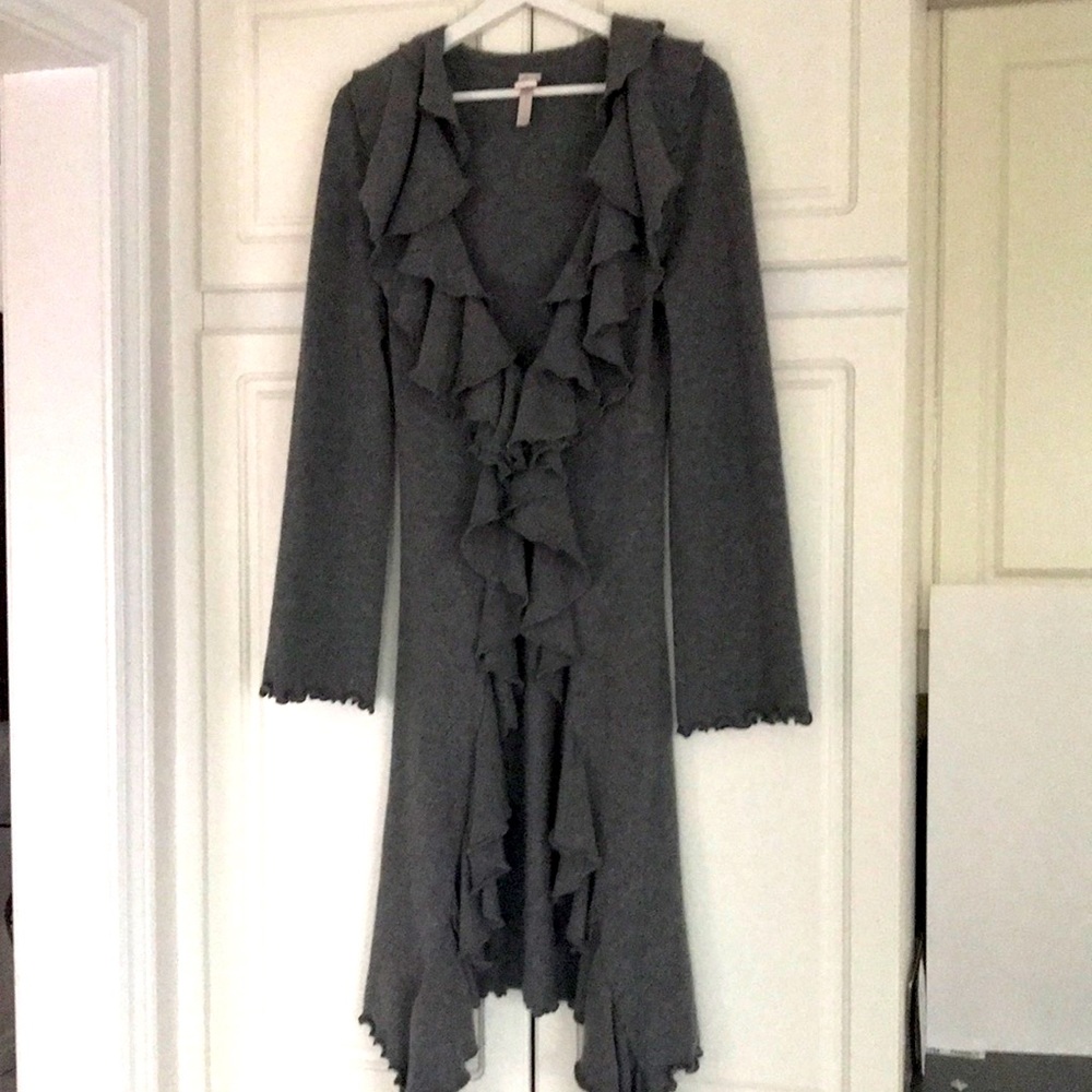 Aqua Grey 100% Cashmere Long Cardigan with Ruffle.